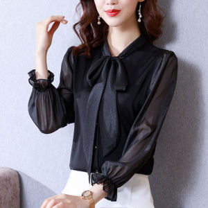 Elegant Black Long Sleeve Chiffon Shirt Womens Spring Autumn Fashion High End Top Korean Style Button Detail Straight Cut Blouse