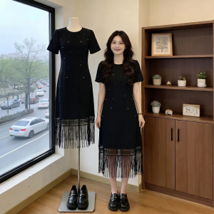 AIYITI | French Style Tassels Beaded Dress Black Long Tee Dress