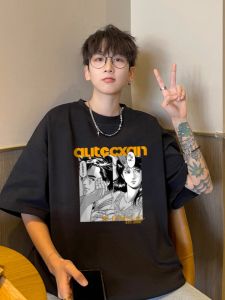 Japanese Manga Print Cotton Short Sleeve T-Shirt Mens Summer New Loose Versatile round Neck Half Sleeve Body T-Shirt