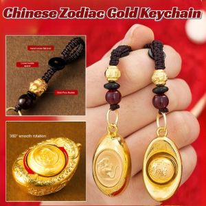 Turn The Twelve Zodiac Gold Ingot Keychain 12 Zodiac Rotating Pendant Lucky Fortune Bring In Wealth Fengshui