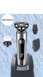 Máy cạo râu cao cấp 4 in 1 NEVAKI 3 lưỡi kép tự mài sắc cạo sát sạch êm chống nước IPX7 màn hình hiển thị LCD tặng chân đế máy cạo râu