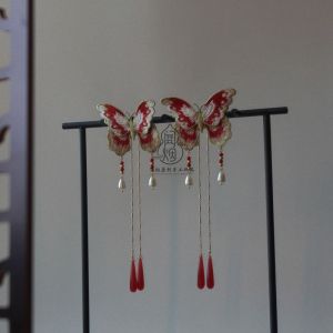 Original Festive Embroidered Red Butterfly Hair Accessory for Wedding Engagement Hanfu Costume Ethnic Style Hair Clip Decoration