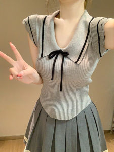 PEIXI | Sweet Doll Collar Striped Knit Short Sleeve Slim Fit Campus Style Bow Top