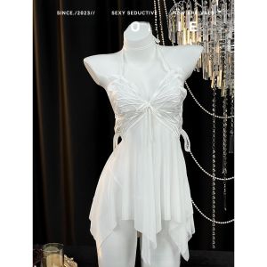 Váy Ngủ Ren Lụa Băng Thoải Mái Có Đệm Ngực Nơ Bướm Gợi Cảm Váy Ngủ Thanh Lịch Cho Nữ Quần Áo Mặc Nhà Mùa Hè 2025