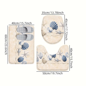 VIKAMA Coastal Sea Shell Starfish 3Pcs Bathroom Rug Set Non Slip Absorbent Toilet Mat Nautical Style Bathroom Floor Decor