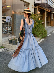 Blue Thin Denim Skirt Hepburn Style Backless Long Dress Sleeveless Korean Style Pleated Gathered Drawstring A-Line Summer Dress