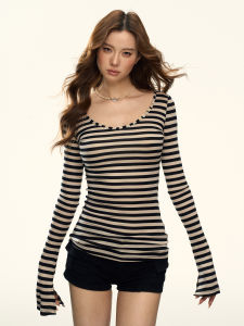 Áo Thun Dài Tay Sọc Retro Ôm Body Cho Nữ