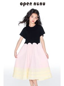 Opennunu Girls Cotton Elastic Long Skirt Summer New Style Casual Style Airy Feel Petal Split Dress Childrens Clothing