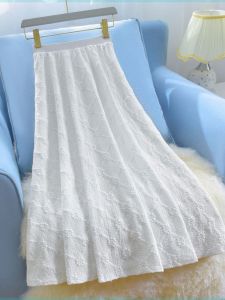 Fresh Lace High Waist Thin Summer Midi Skirt Womens Floral Embroidery A-Line Skirt Elegant Simple Color Pure Material Skirt