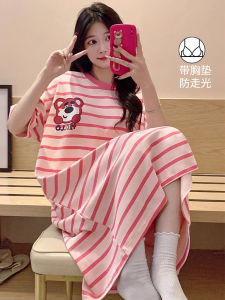 Pure Cotton Sleep Dress Womens Short Sleeve One-Piece Summer Autumn Strawberry Bear Print Home Clothes Comfortable Nightgown