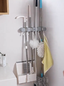 AKIRO HOME MALAYSIA Mop Broom Holder with Hooks Wall Mounted Storage Rack No Drilling Strong Adhesive Rak Penyapu Mop 拖把收納