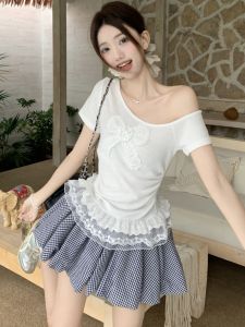 GUZILIAN | Korean Style Slim Fit Short Sleeve T-Shirt Womens Spring Summer New Butterfly Knot Lace Trim Shoulder Banded Top