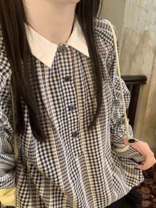 ฤดูใบไม้ร่วง ลายสก็อต ปกโปโล เสื้อเชิ้ตแขนยาว หลวม ชุดทํางานเย็บปะติดปะต่อกันสําหรับเด็กผู้หญิงทรง K เสื้อสวม Button Up Ladies เสื้อท่อนบน