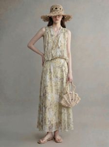 GULILI | Beige Halter Neck Ruffled Printed Sleeveless Top and Skirt Set