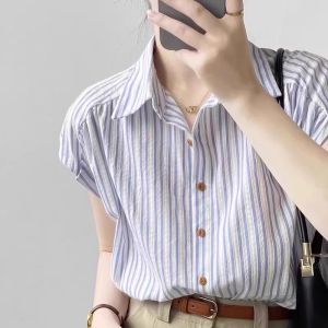 French Elegant Striped Short Sleeve Shirt Women Summer Loose Top  Style Button down Cotton Polyester Blend Casual Shirt