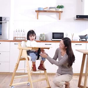 Baby High Chair Wood Adjustable Height Foldable With Double Dining Plate High Feeding Chair