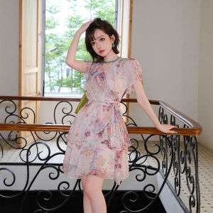 French V-Neck Ruffle Waist Dress Print Short