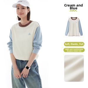 Retro Color Block Slimming Long Sleeve Casual T-Shirt