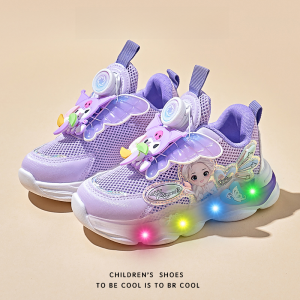 Luminous Rotating Button Princess Shoes for Girls Breathable Net Sports Shoes Dad Shoes Cartoon Wing Design Light Weight