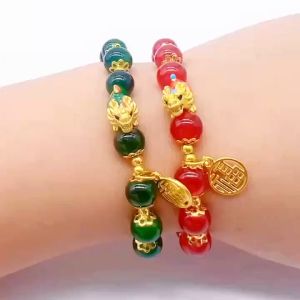 A.one 24K 2024 Lucky Dragon Beaded Bracelet Agate Jade Charms Blessing Sign for Women Girls Jewelry Gift