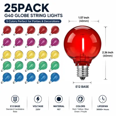 25pcs G40 RGB LED Bulb Dimmable E12 Base Colorful Globe Light Replacement Bulb Edison Style for Christmas Halloween Party Garden Decoration