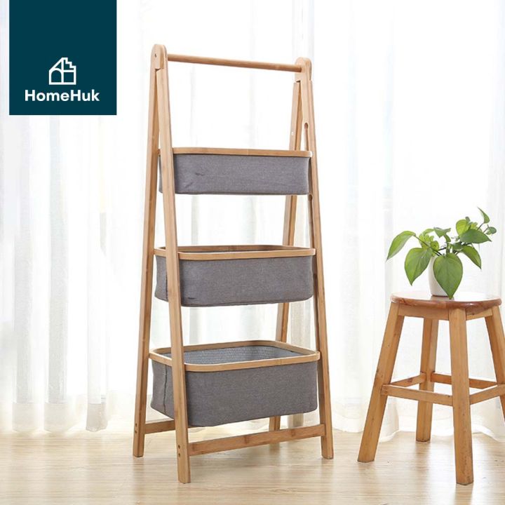 HomeHuk ชั้นวางของไม้ไผ่พับเก็บได้ พร้อมตะกร้าผ้า