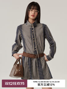 Omont Plaid Shirt Dress Spring Autumn High Waist A-Line Skirt Long Sleeve Stand Collar Lazy Layering Vintage Patchwork Womens Dress