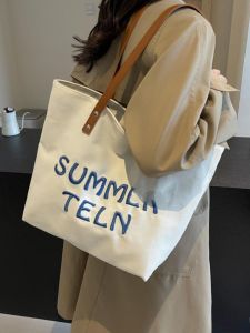 Fashionable Large Capacity Canvas Shoulder Bag for Women Casual Commuter Tote Bag Double Zipper Soft Handbag Korean Style