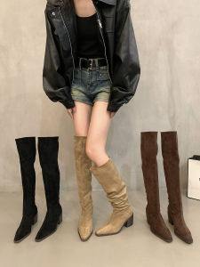 Knee-high Chunky Heel Pointed-toe Slimming Long Boots Womens New Fashion Autumn Winter Khaki Color Retro Long Boots