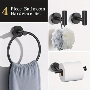 4-piece stainless steel set including toilet paper holder towel ring and 2 towel hooks for bathroom storage