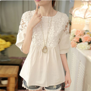 Womens Loose Cotton Linen T-shirt Summer Lace Top Belly Covering Doll Shirt Short Sleeve round Neck Sweet Style Pure Color