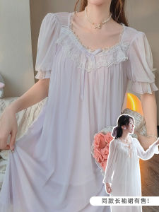 Sweet Fairy Short Sleeve Lace Nightgown Womens Summer Sleepwear Youth Floral Print round Neck Mid-Length Home Clothes