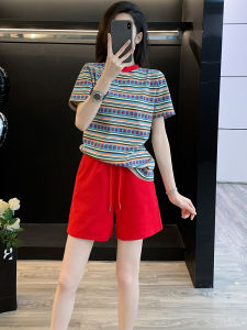 Bộ Đồ Thể Thao Thường Ngày Tay Ngắn Màu Đỏ Thời Trang Chống Lão Hóa Cho Nữ Bộ Hai Mảnh Mặc Mùa Hè Giản Dị Thoải Mái