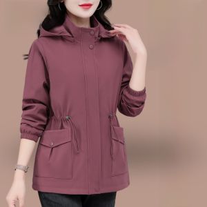 Fashionable Casual Outerwear Womens Spring Autumn New Midlife Mom Waist Cinching Slimming Versatile Hooded Windbreaker