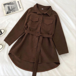 Hebe Style Little Red Dress Belted Shirt Dress Womens Luxury Spring Autumn New Fashion Street Style Polo Collar Long Sleeve