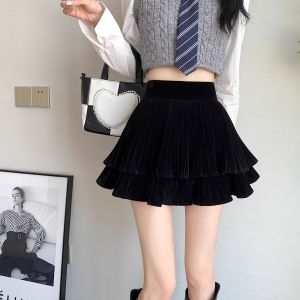 Gold Velvet Tiered Skirt Womens Spring Fall and Winter Small Pleated Puff Short Skirt High Waist Slim Looking A- line Umbrella Skirt