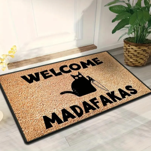 VIKAMA Funny Black Cat Doormat Cartoon Kitten With Knife Pattern Non Slip Entrance Front Door Floor Mat Indoor Home Decor