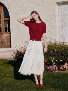 XIANGYING | Red Lightweight Knitted Tee-Shirt Short Sleeve Waist-fitted