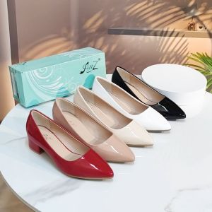 【JS】Korean 1inch Gloosy Women Pointed Toe Office Work Block Heels Shoes