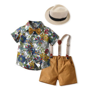 lontakids Kids Summer Beach Suit Boys Hawaiian Button Down Shirt and Suspenders Short Set Girls Floral Printed Dress with Hat