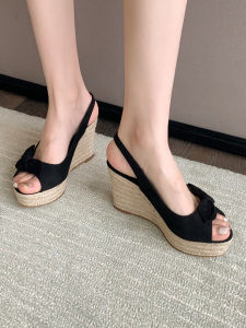 Spring 2026 Butterfly Knot Fish Mouth Waterproof Thick Bottom Rope Woven Sandals 9CM High Heel Slope Heel Beach Shoes