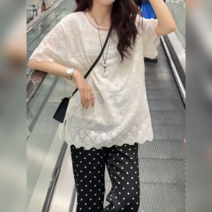 YUFUQING | Elegant White Embroidered Short Sleeve Lace Shirt Womens Loose Summer Unique Beautiful Top Commute Style High Waist Long Pants