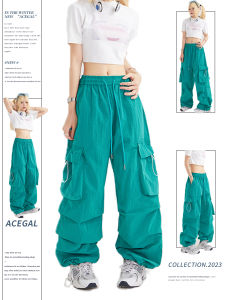 American Retro Dopaamine Green Work Trousers Outdoor Waterproof Paratrooper Summer Thin Casual Long Pants Streetwear Style