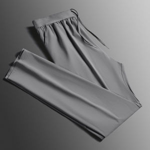 กางเกงกีฬาผ้าไหมน้ำแข็งฤดูร้อนสำหรับผู้ชาย กางเกงขายาวทรงตรงบางๆ ลำลอง ทรงหลวม ระบายอากาศได้ดี กางเกงวิ่ง ทรงหลวม สวมใส่สบาย