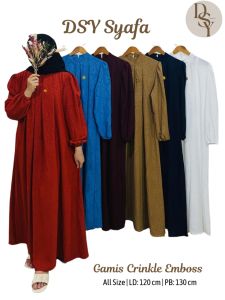 DSY Syafa Gamis Crinkle Emboss LD 120 PB 130 Resleting Belakang Lengan Karet Tali Pinggang Elegan