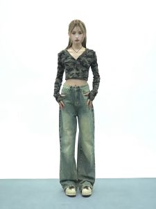 Biru retro celana loose pants highwaist jeans panjang wanita jumbo SIZE kulot denim ripped Jeans retro wanita kekinian