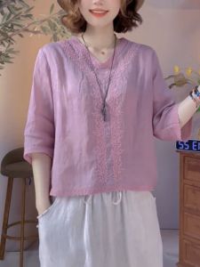 QINGNAER | Áo Thun cổ V Tay Ngắn Màu Tím Nhạt Thêu Crochet Kiểu Cổ Điển Dành Cho Người Mập Hè