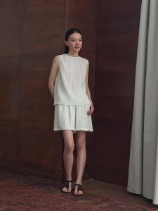 hacikis | Fresh Slim Striped Loose Fitted Thin Back Vest Shorts Set