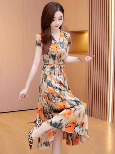 MAIMEI | Beautify Shashasha Improved Cheongsam Style Summer Dress Womens Short Sleeve V-Neck High Waist A-Line Skirt Korean Version
