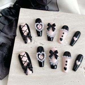 Bộ 10 Móng Tay Giả Hình Quan Tài Thủ Công Màu Đen Đẹp Kiểu Nơ Dành Cho Nữ Dùng Trong Tiệc Tùng Chất Liệu Nhựa Dán Liền.